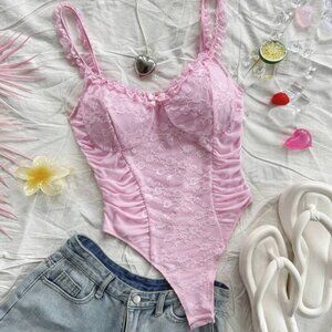 Vintage Knit Textured Romantic Lace Trim Bodysuit, Pink